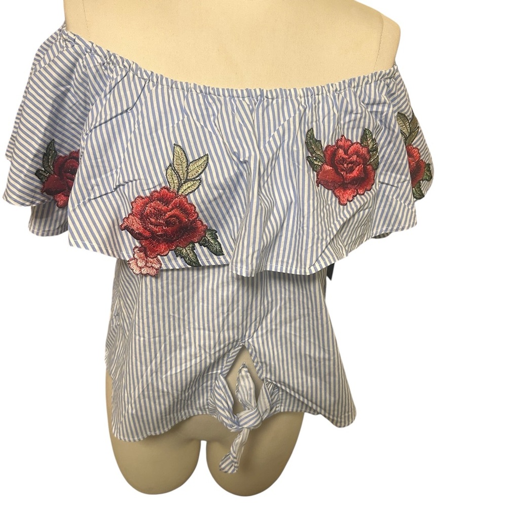 World Together Blue Striped Off-Shoulder Bodysuit with Red Floral Embroidery